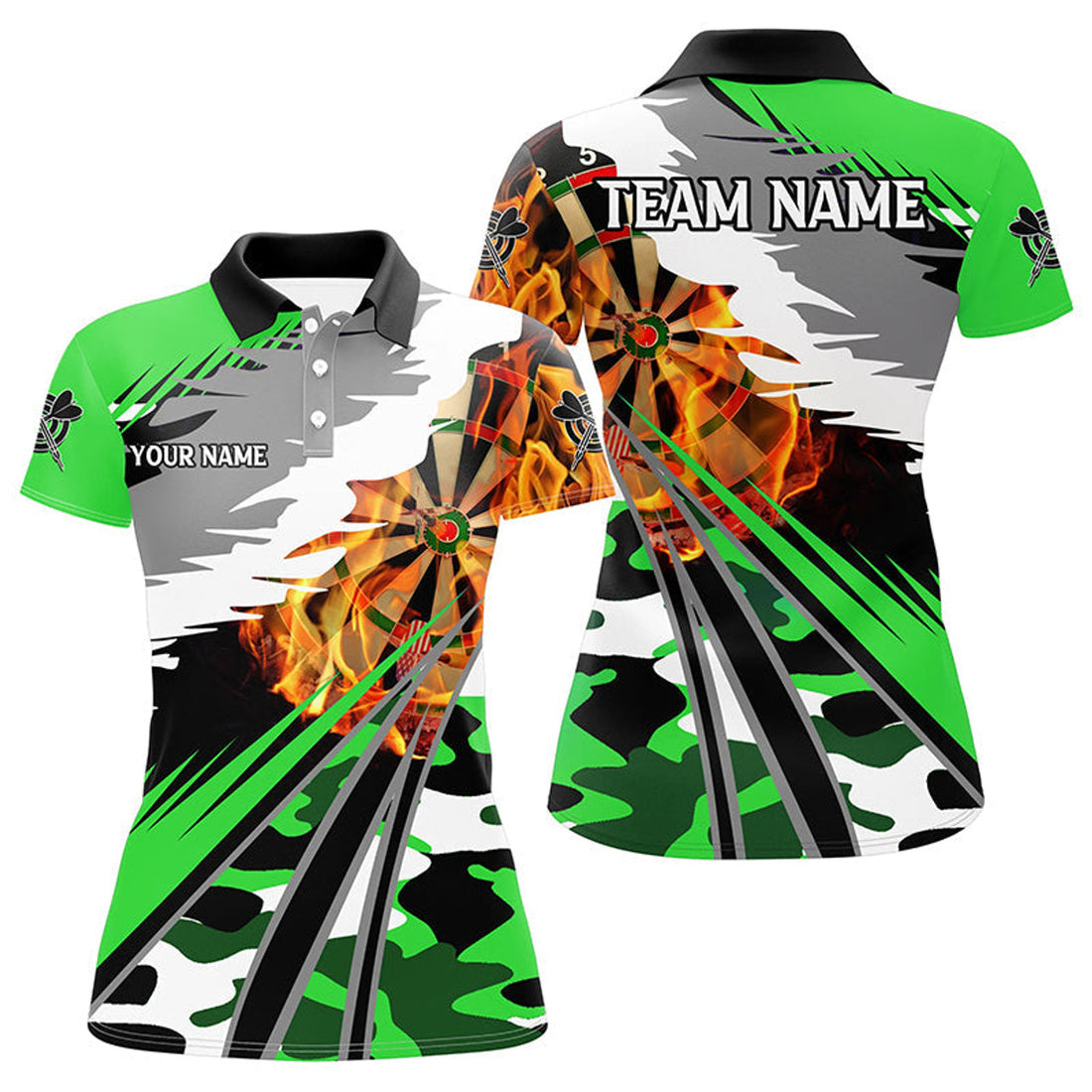 Custom Personalized 3D Dart Board Fire Women Dart Polo Shirts Custom Green Dart Jerseys Attire For Team