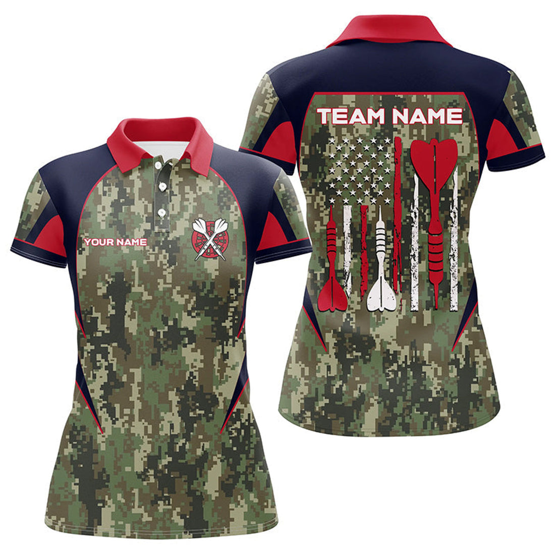 Custom Personalized US Flag Camouflage Dart Polo Shirts For Women Dart Jerseys Custom Dart Team Shirts
