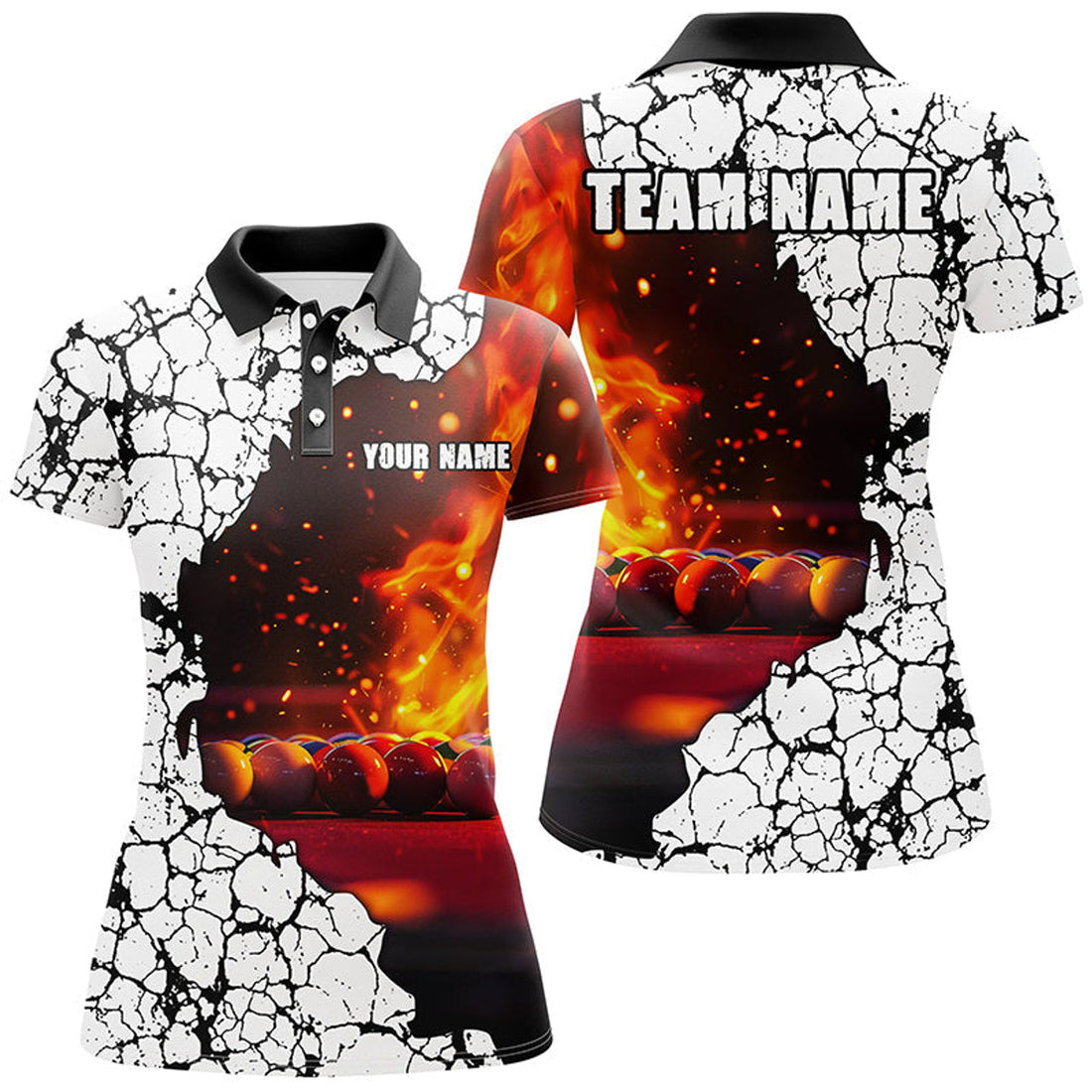 Custom Personalized Crack Billiard Balls Fire 3D Women Polo Shirts, Billiard Apparel Clothing