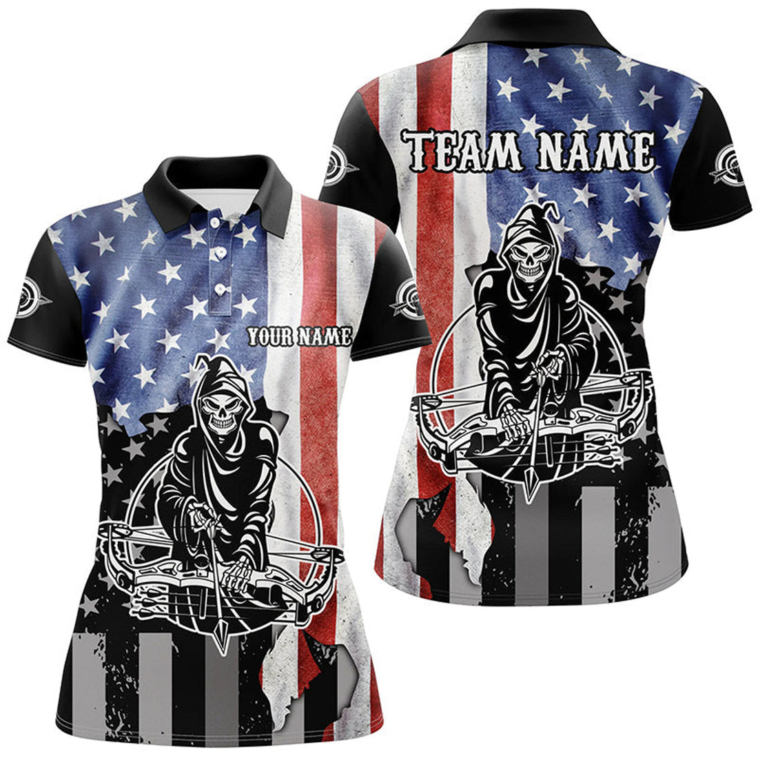 Custom Skeleton Playing Archery Custom US Flag Polo Shirts For Women, Unique Archery Shirts For Archers