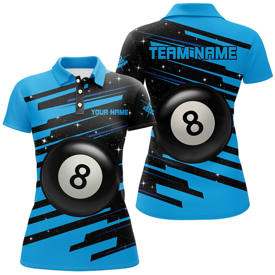 Custom Blue 8 Ball Pool Billiard Jerseys Polo Shirts For Women Custom Team League Billiard Shirts