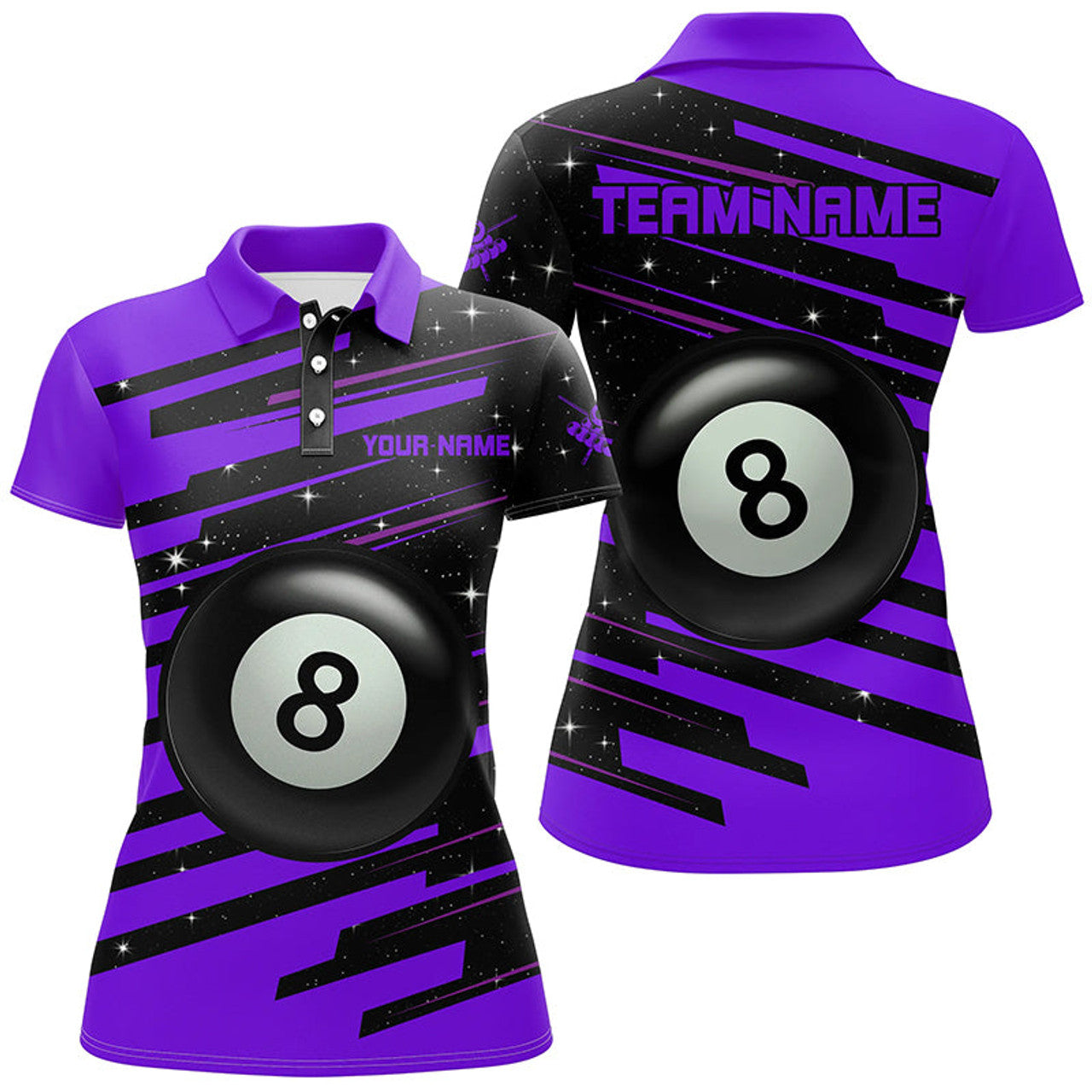 Custom Purple 8 Ball Pool Billiard Jerseys Polo Shirts For Women Custom Team League Billiard Shirts