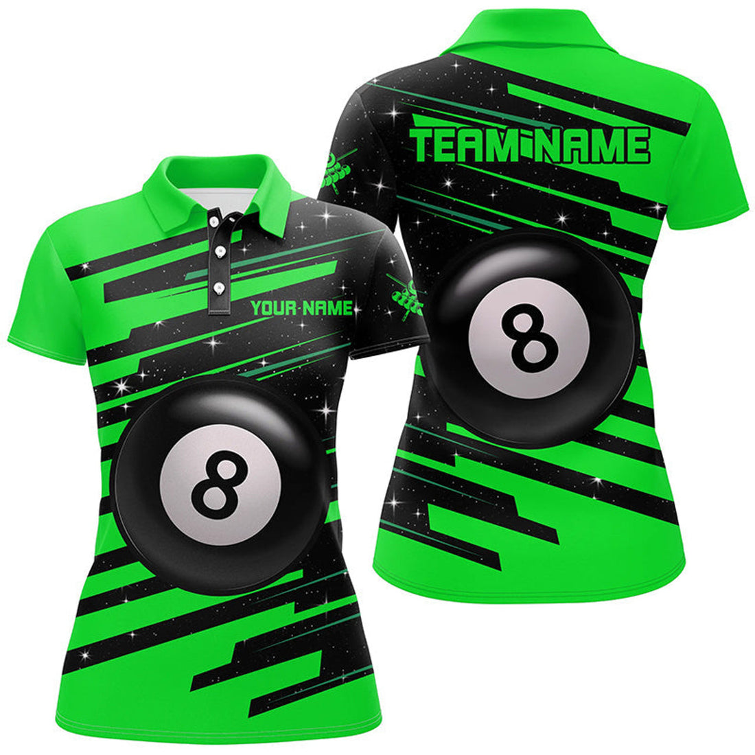 Custom Green 8 Ball Pool Billiard Jerseys Polo Shirts For Women Custom Team League Billiard Shirts