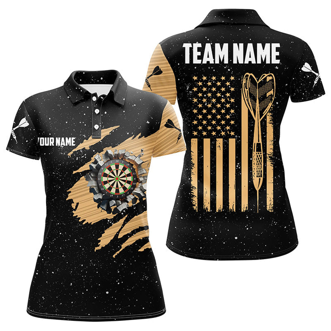 Customized Grunge American Flag Dart Polo Shirts For Women, Best Patriotic Dart Team Jerseys