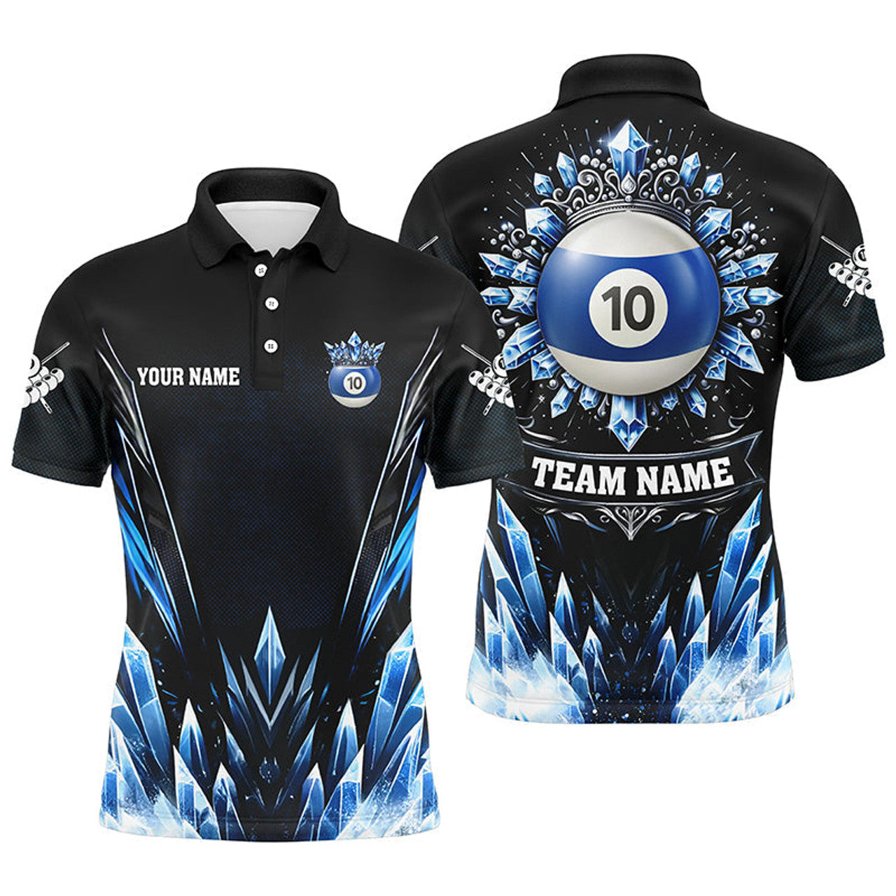 FUNSTUFFPRINT Personalized 3D Blue Icy Funny 10 Ball Pool Crown Men Billiard Polo Shirts Custom Billiard Polo Shirt Size S-5XL