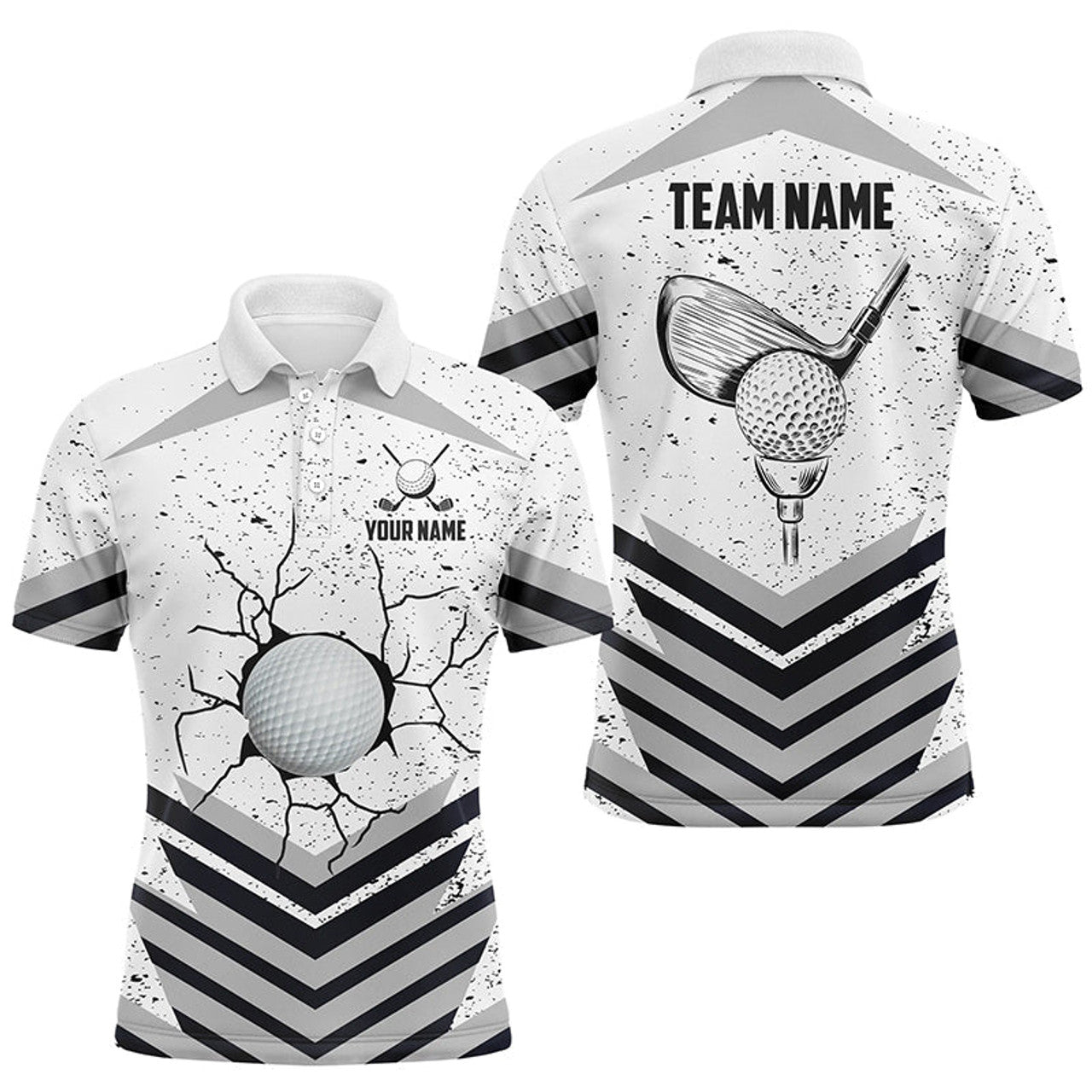 FUNSTUFFPRINT Funny Crack Golf Ball Custom White Grunge Mens Golf Polo Shirts Best Team Golf Polo Shirt Size S-5XL