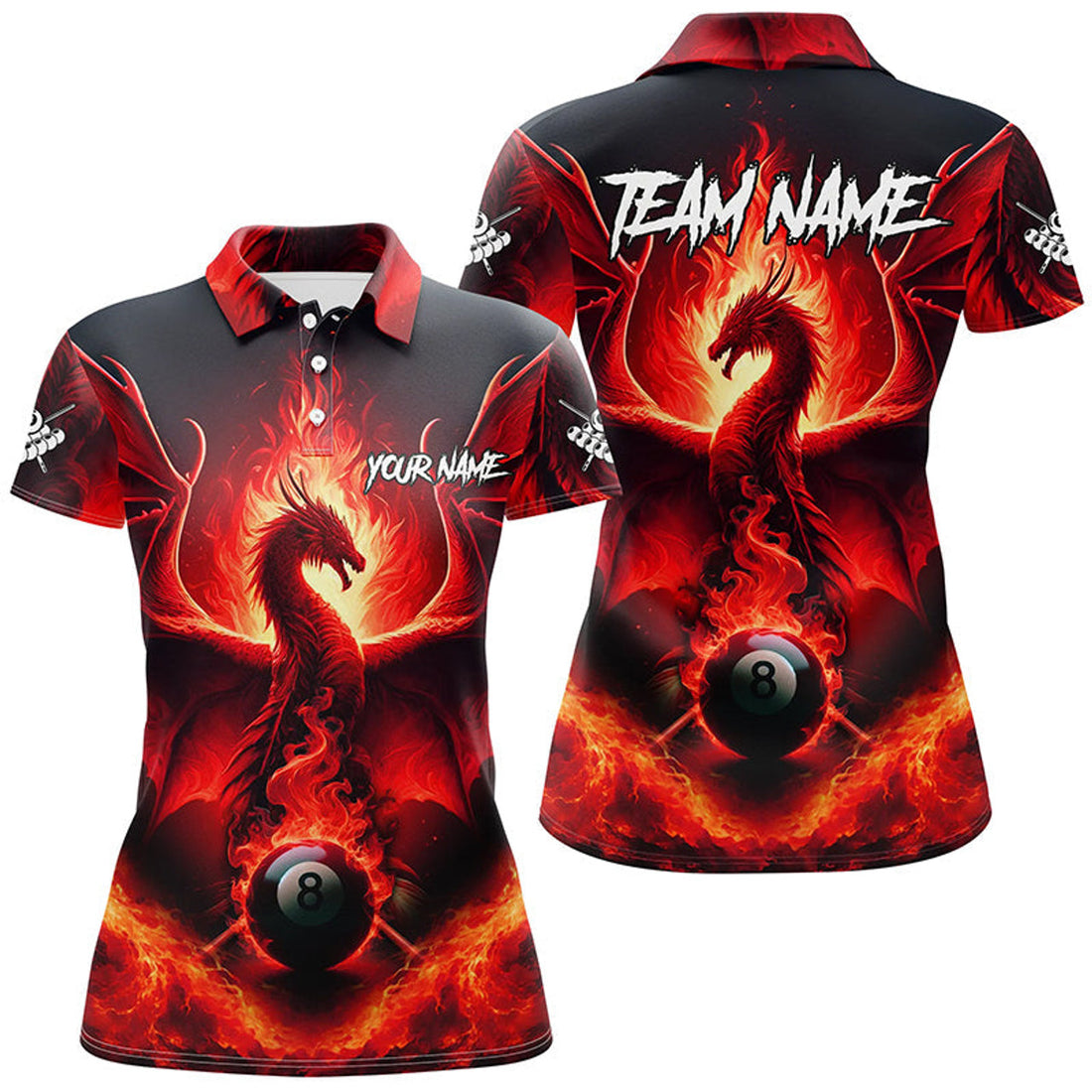 Customized Personalized Red Dragon 8 Ball Pool Fire Flame Women Billiard Shirts Team League Billiard Jerseys