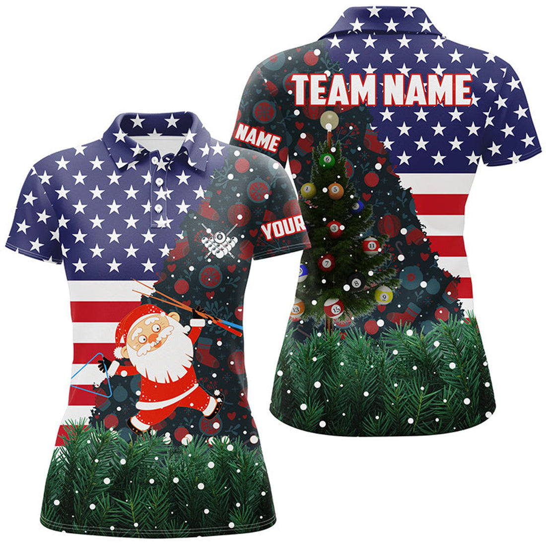Custom Personalized Santa American Flag Billiard Polo Shirts, Billiard Patriotic Women Christmas Shirts