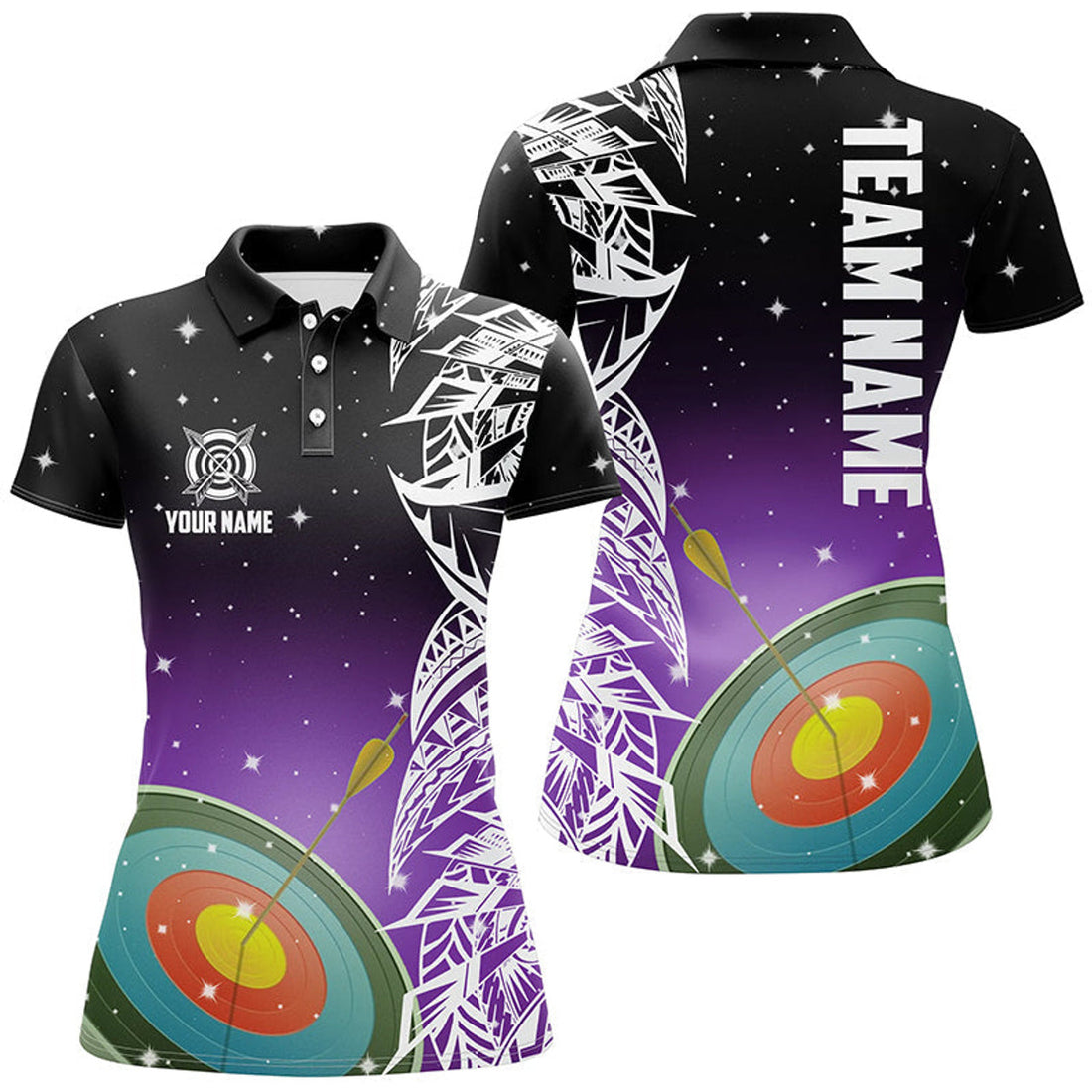 Custom Personalized 3D Target Archery Purple Galaxy Pattern Women Polo Shirts, Team League Archery Jerseys