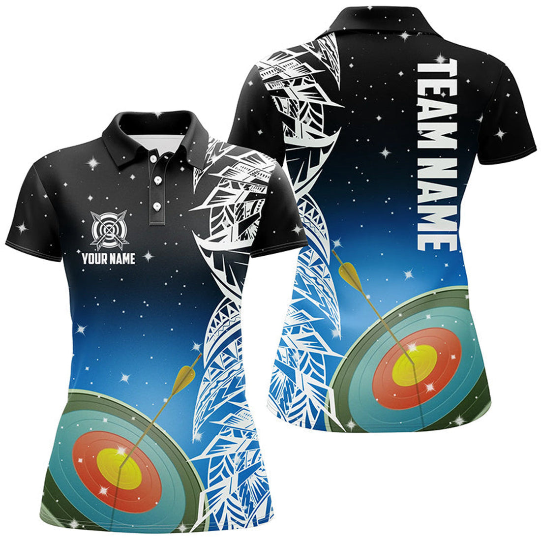 Custom Personalized 3D Target Archery Blue Galaxy Pattern Women Polo Shirts, Team League Archery Jerseys