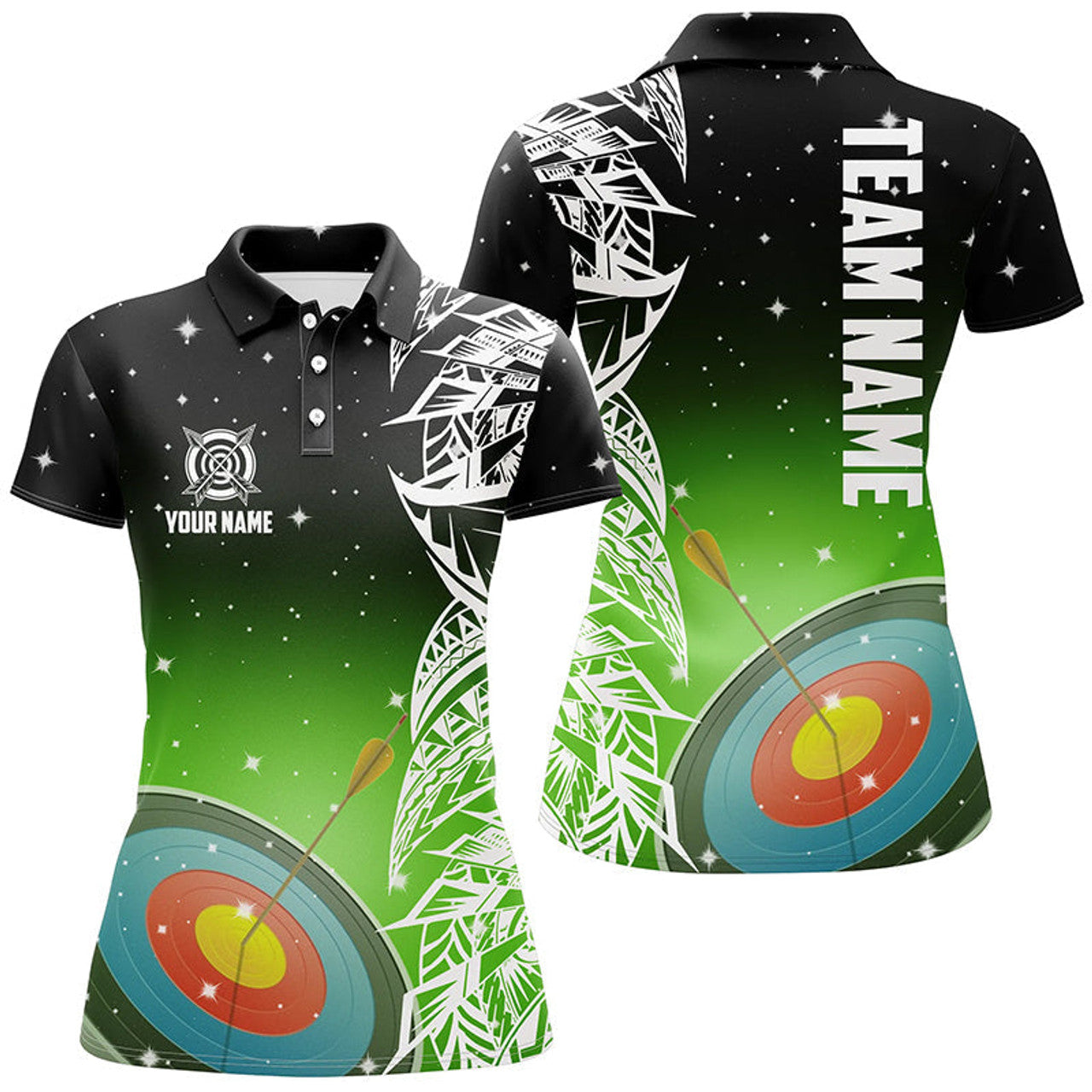 Custom Personalized 3D Target Archery Green Galaxy Pattern Women Polo Shirts, Team League Archery Jerseys