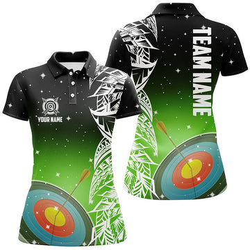 Custom Personalized 3D Target Archery Green Galaxy Pattern Women Polo Shirts, Team League Archery Jerseys