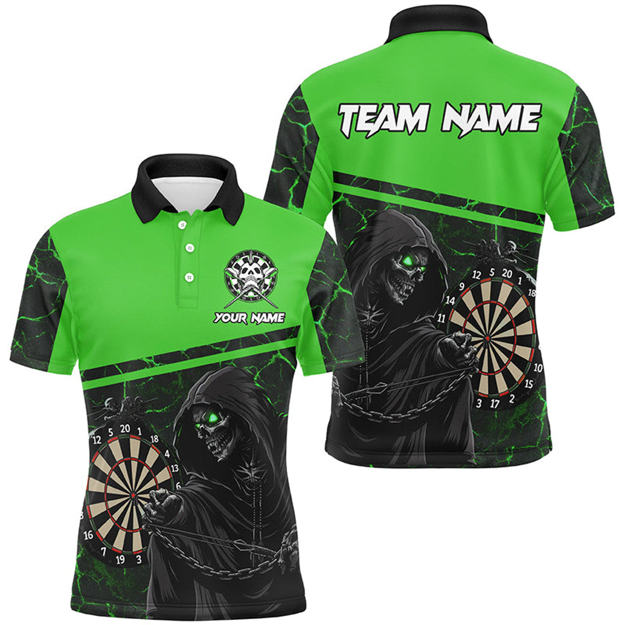 FUNSTUFFPRINT Personalized Death Skeleton Custom Green Darts Polo Shirt Size S-5XL
