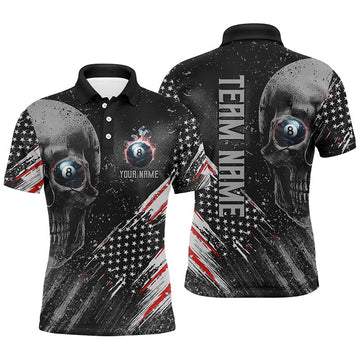 FUNSTUFFPRINT Personalized Billiard Skull 8 Ball Pool Smoke US Flag Men Polo Shirts, Patriotic Billiards Outfit Polo Shirt Size S-5XL