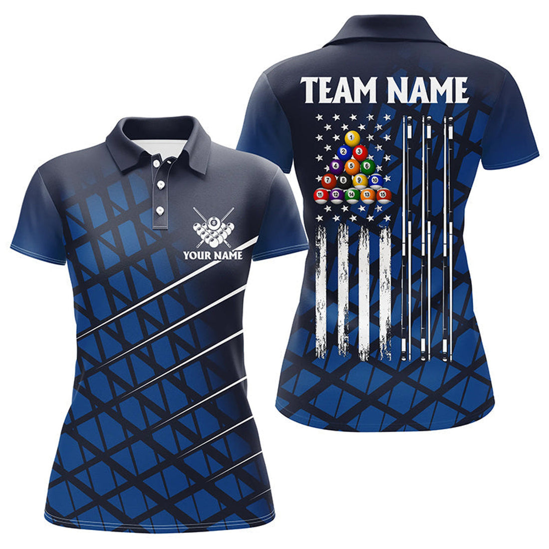 Custom Personalized Blue Grunge American Flag Women Billiard Polo Shirts Custom Pool Player Jersey Shirts