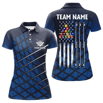 Custom Personalized Blue Grunge American Flag Women Billiard Polo Shirts Custom Pool Player Jersey Shirts