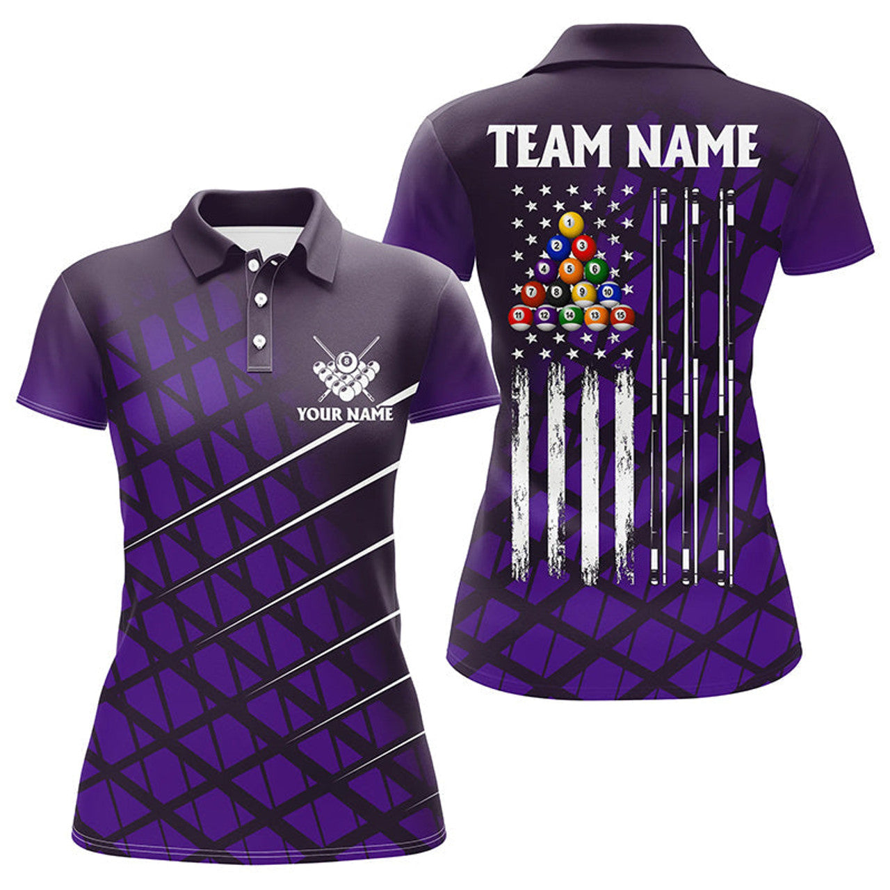Custom Personalized Purple Grunge American Flag Women Billiard Polo Shirts Custom Pool Player Jersey Shirts