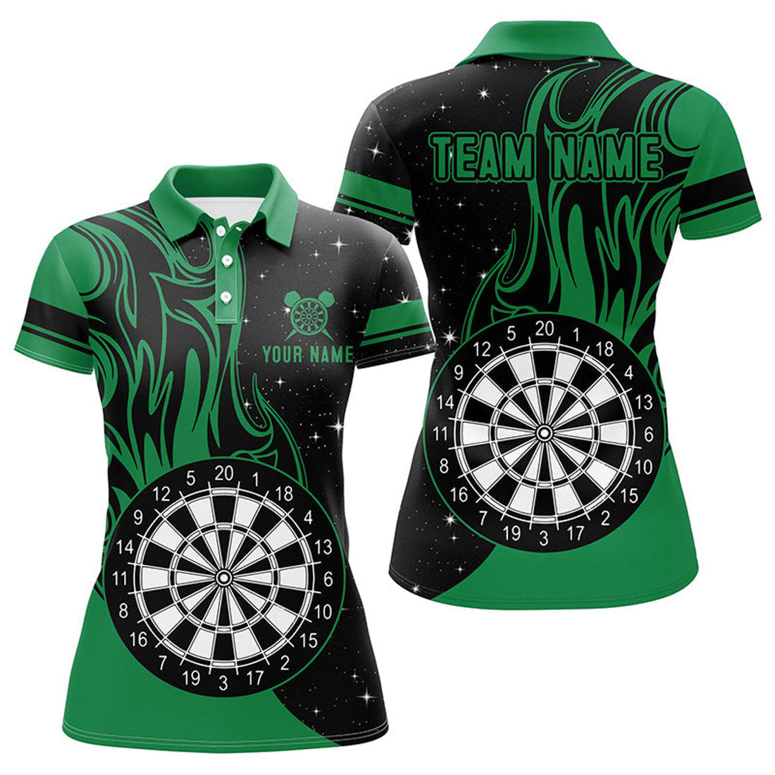 Custom Personalized Green Darts Fire Polo Shirts Best Custom Darts Shirts For Women Darts Team Jerseys