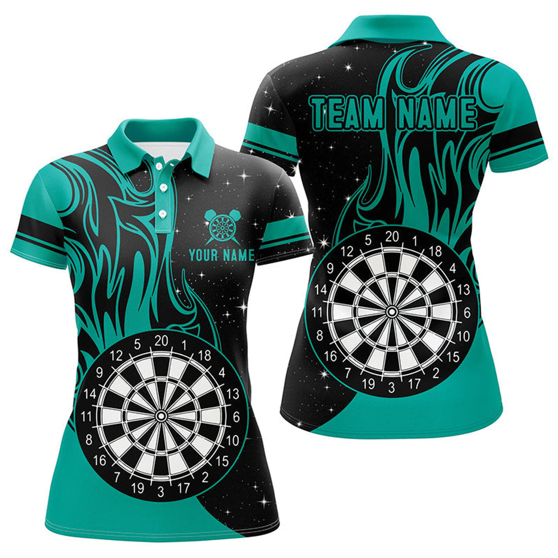 Custom Personalized Turquoise Darts Fire Polo Shirts Best Custom Darts Shirts For Women Darts Team Jerseys