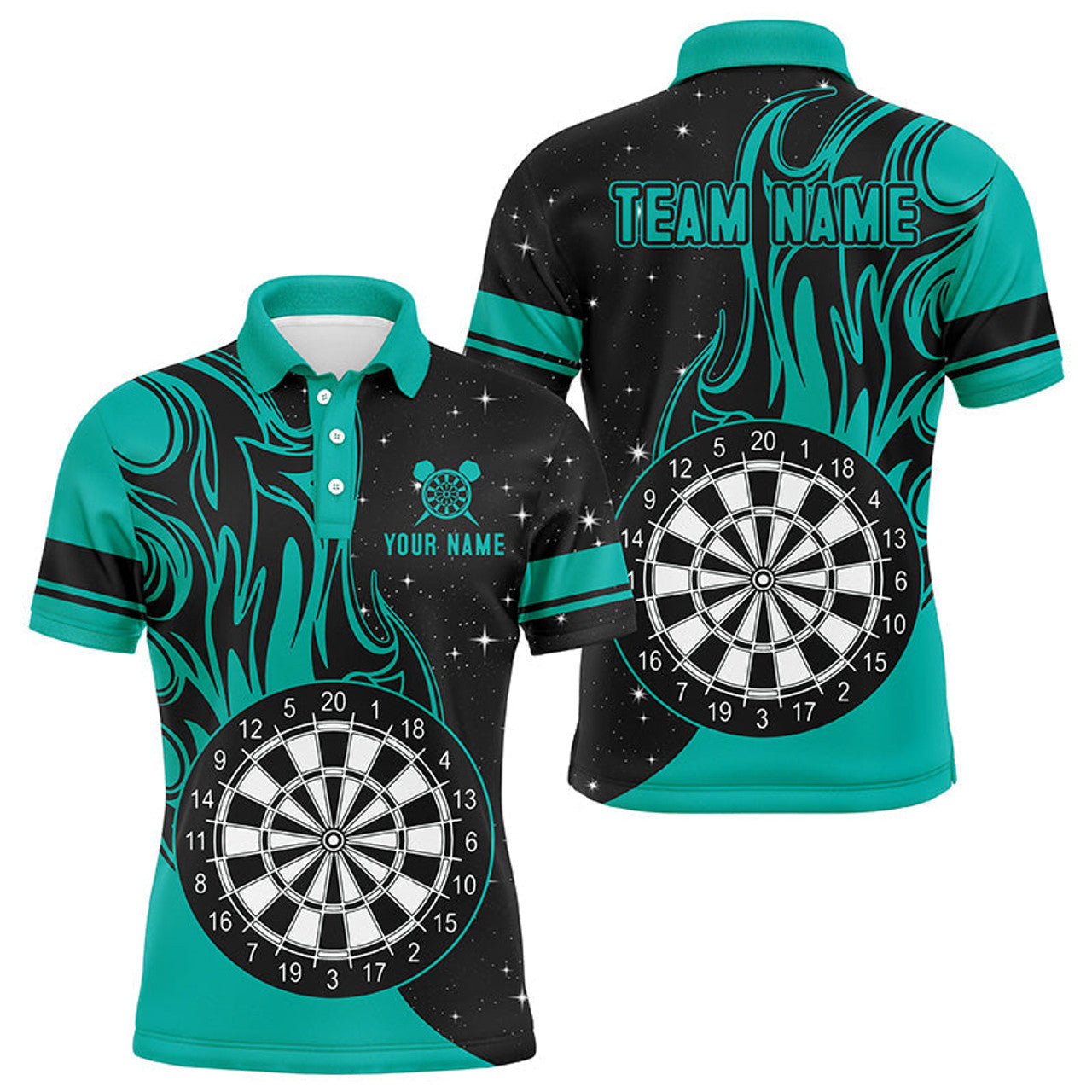 FUNSTUFFPRINT Personalized Turquoise Darts Fire Polo Shirts Best Custom DartsPolo Shirt Size S-5XL