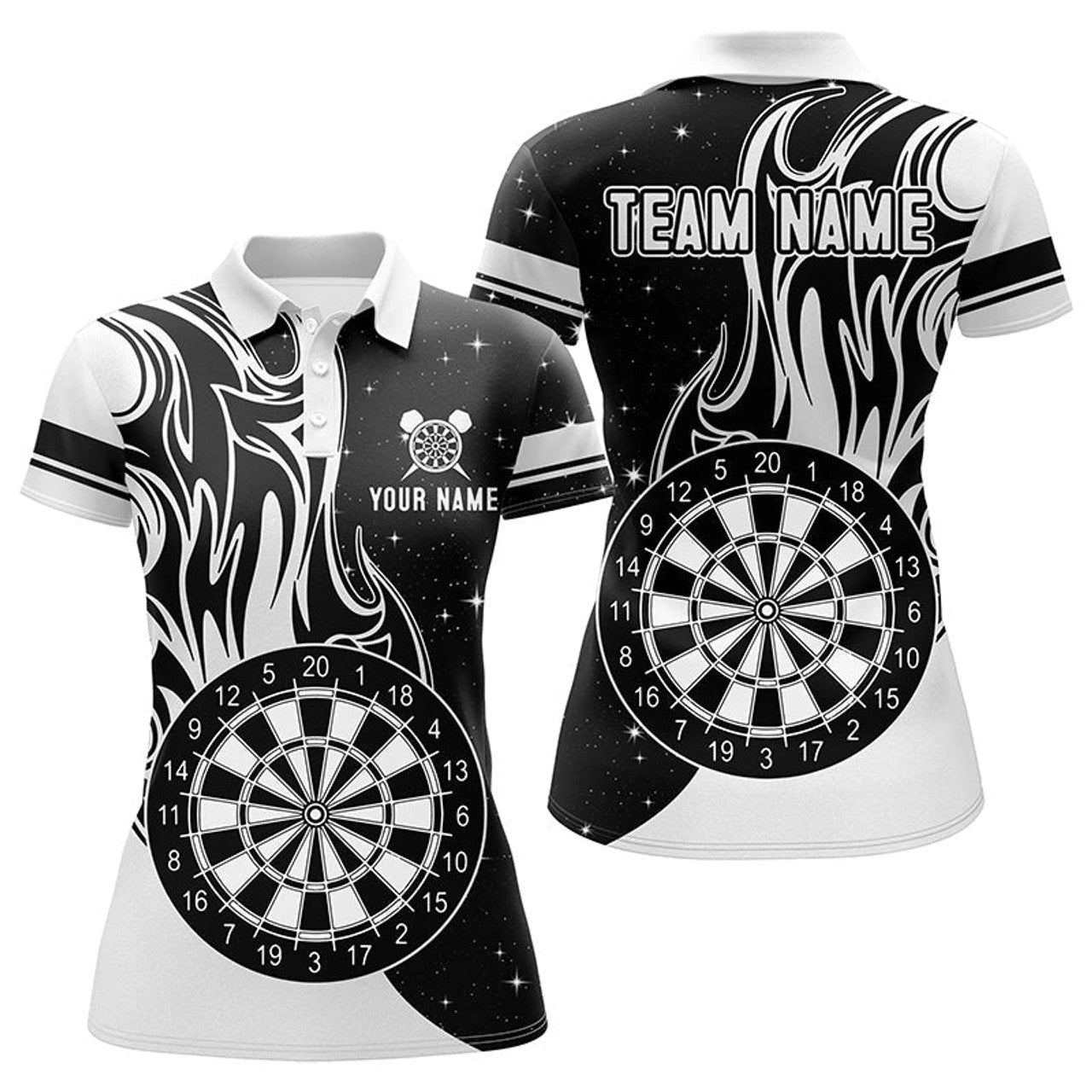 Custom Personalized White Darts Fire Polo Shirts Best Custom Darts Shirts For Women Darts Team Jerseys