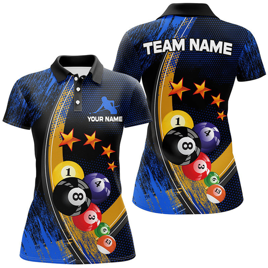 Custom Name Blue Billiard Balls 3D Billiard Women Polo Shirts Personalized 8 Ball Pool Polo Shirts