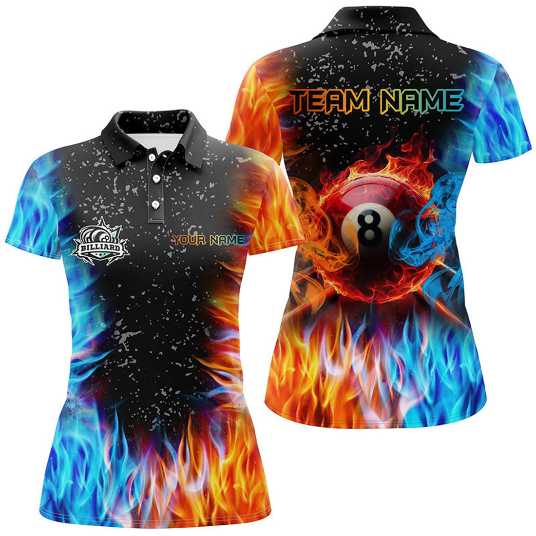 Custom Personalized Billiard Fire And Water 3D Printed Women Polo Shirts, Grunge 8 Ball Pool Shirts For Team