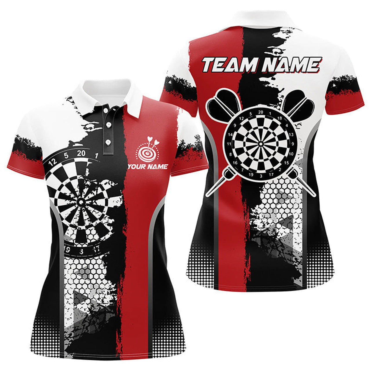 Custom Personalized Black Red Grunge Style Darts Polo Shirts For Women Custom Name Darts Team Jerseys