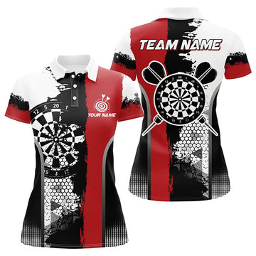 Custom Personalized Black Red Grunge Style Darts Polo Shirts For Women Custom Name Darts Team Jerseys