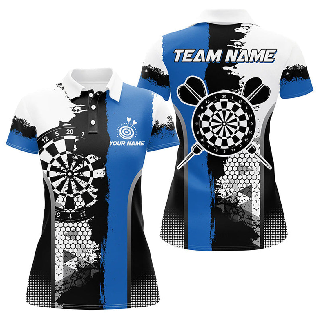 Custom Personalized Black Blue Grunge Style Darts Polo Shirts For Women Custom Name Darts Team Jerseys