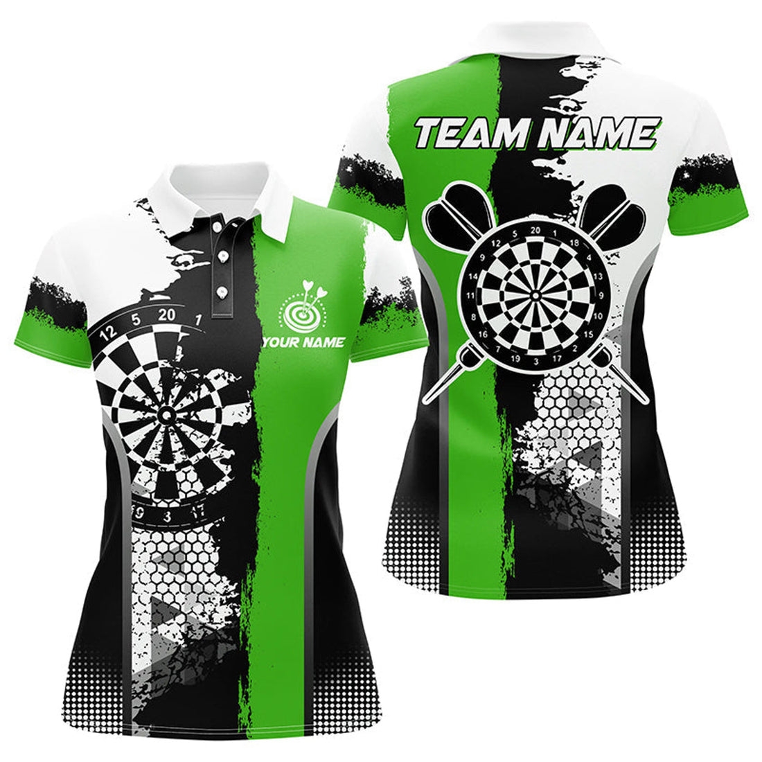 Custom Personalized Black Green Grunge Style Darts Polo Shirts For Women Custom Name Darts Team Jerseys
