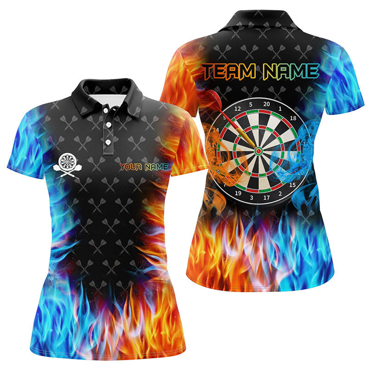 Custom Personalized Dart Board Fire And Water 3D Printed Darts Polo Shirts For Women Custom Darts Jerseys