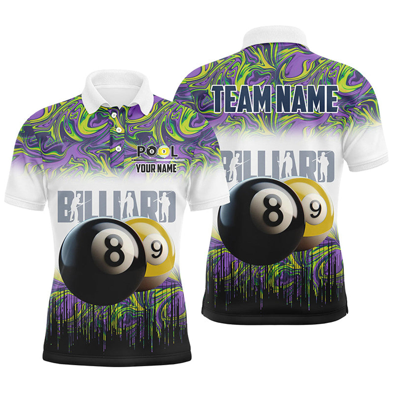 FUNSTUFFPRINT Black Yellow Billiard 8 Ball & 9 Ball Pool Men Polo Shirts Customized Billiard Attire Polo Shirt Size S-5XL