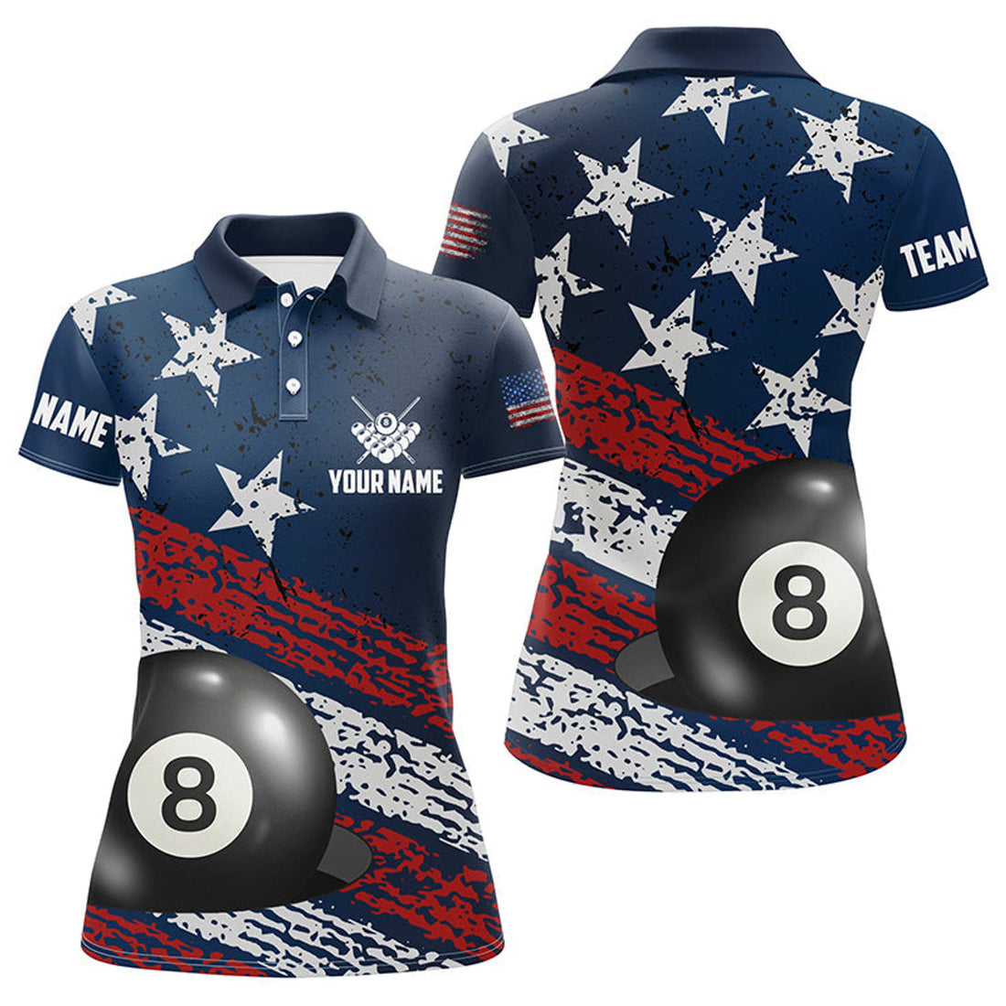 Custom Grunge American Flag 8 Ball Pool Women Billiard Polo Shirts Custom Patriotic Billiard Attire Jerseys