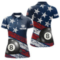 Custom Grunge American Flag 8 Ball Pool Women Billiard Polo Shirts Custom Patriotic Billiard Attire Jerseys