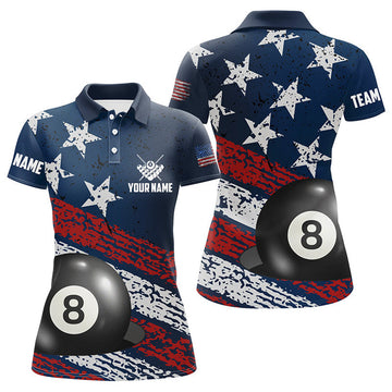 Custom Grunge American Flag 8 Ball Pool Women Billiard Polo Shirts Custom Patriotic Billiard Attire Jerseys