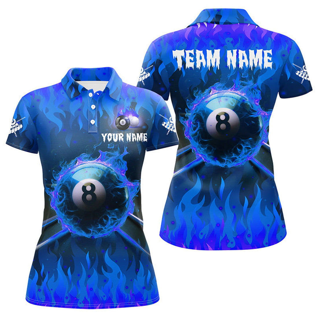 Custom Personalized 3D 8 Ball Pool &Cue Fire Women Polo Shirts Custom Billiard Apparel Jerseys |Blue