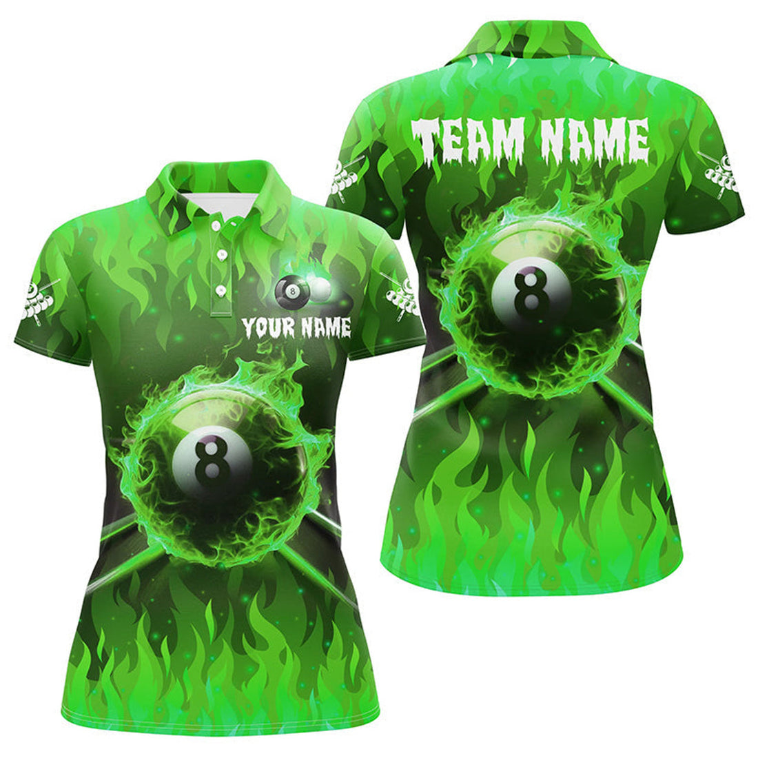 Custom Personalized 3D 8 Ball Pool &Cue Fire Women Polo Shirts Custom Billiard Apparel Jerseys |Green