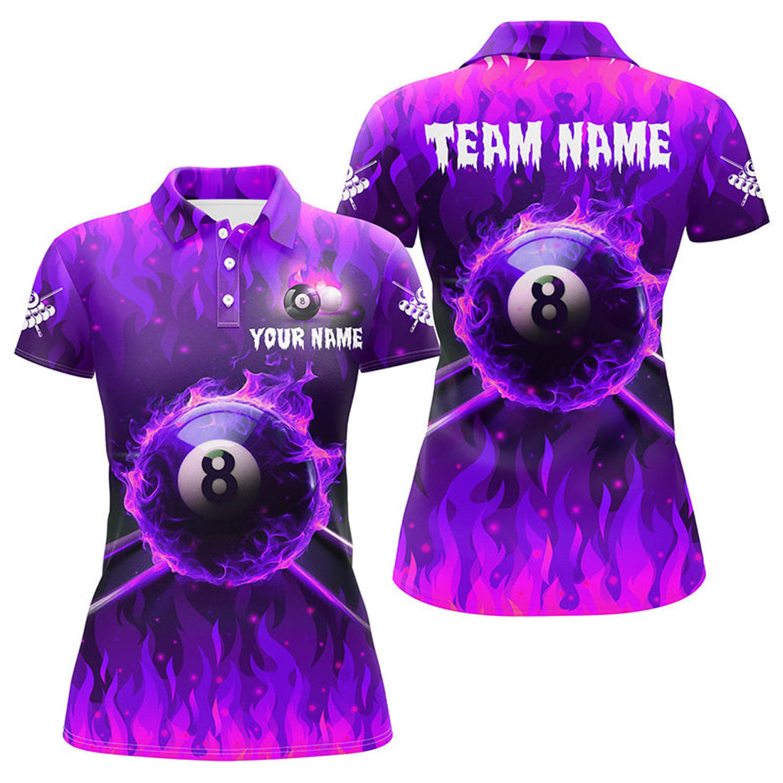 Custom Personalized 3D 8 Ball Pool & Cue Fire Women Polo Shirts Custom Billiard Apparel Jerseys |Purple