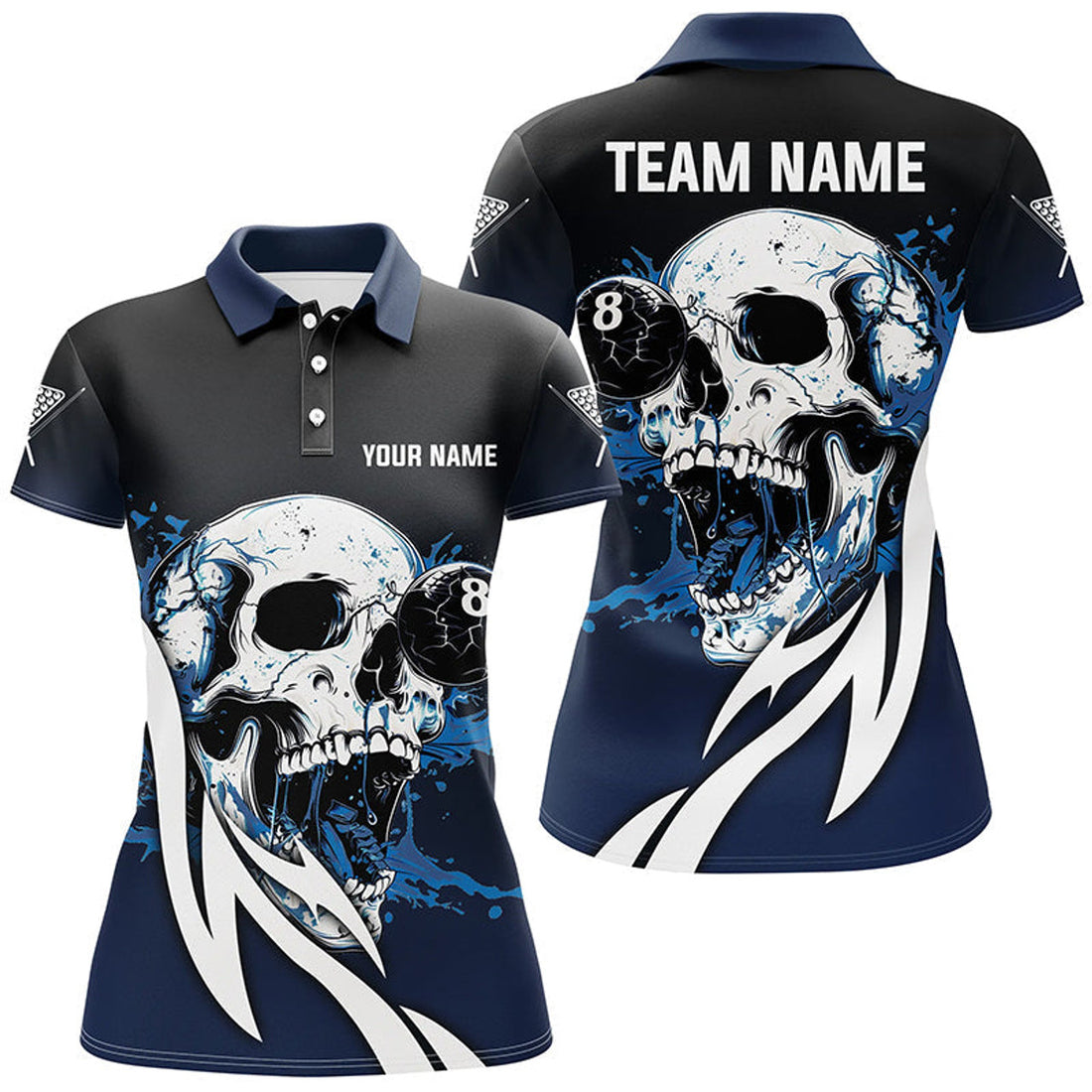 Custom Funny Blue Billiard Skull 8 Ball Pool Custom Women Polo, Billiard Team Jerseys