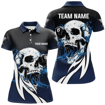 Custom Funny Blue Billiard Skull 8 Ball Pool Custom Women Polo, Billiard Team Jerseys