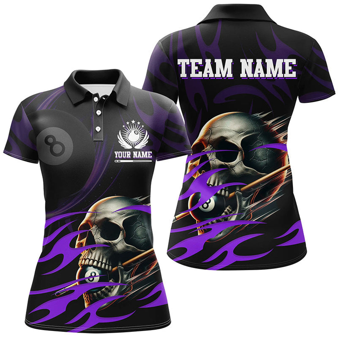 Custom Funny Skull 8 Ball Pool Custom Women Billiard Polo Shirt, Purple Billiard 8 Ball Jersey