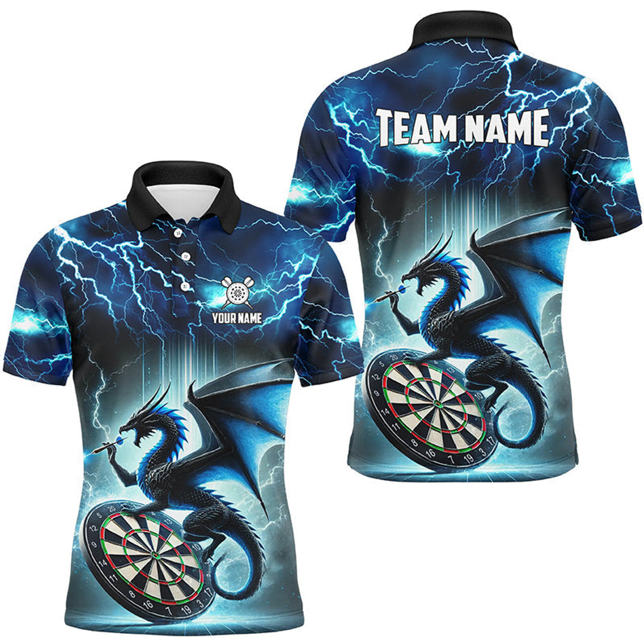 FUNSTUFFPRINT Lightning Thunder Dragon Custom Blue Darts Polo Shirt Size S-5XL
