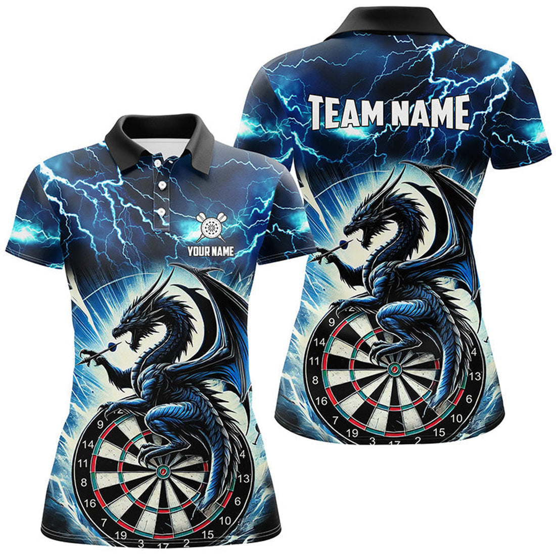 Custom Lightning Thunder Dragon Custom Blue Darts Polo & Shirts For Women, Darts Team League Jerseys