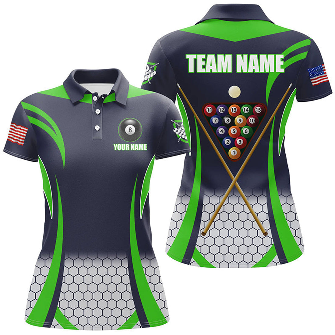 Custom Personalized Green 8 Bal Pool Billiard Jerseys Women Polo Shirts, Best Team League Billiard Shirts