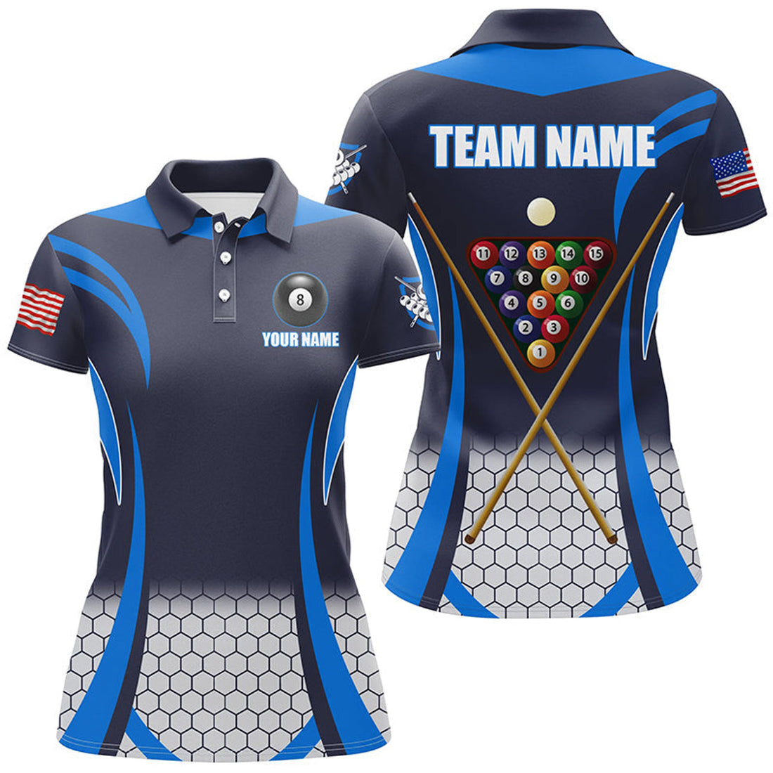 Custom Personalized Blue 8 Bal Pool Billiard Jerseys Women Polo Shirts, Best Team League Billiard Shirts