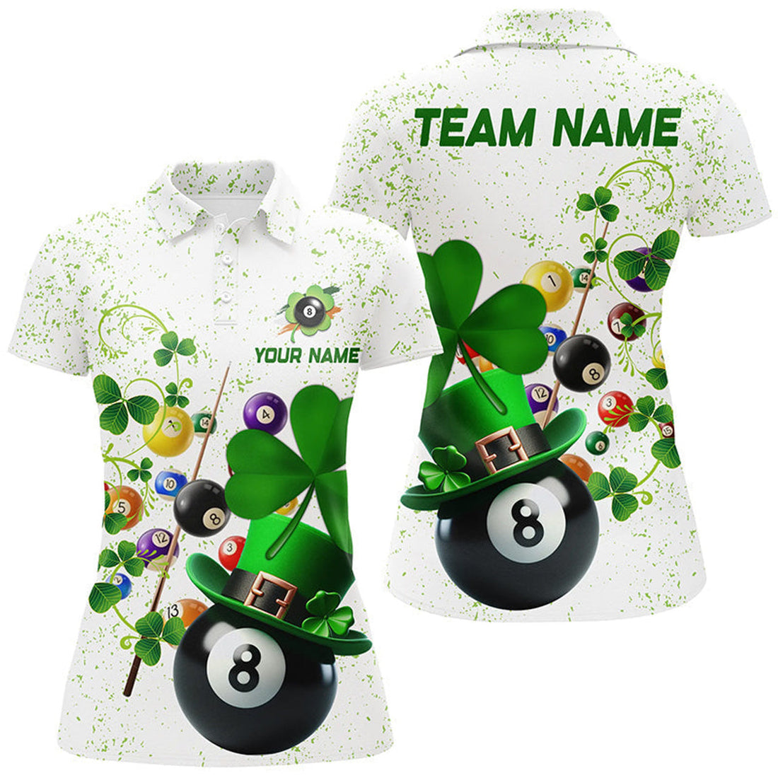 Custom 3D Billiard Balls Luckiest Shamrock Women Billiard Polo Shirts Custom St Patrick Day Billiard Shirts
