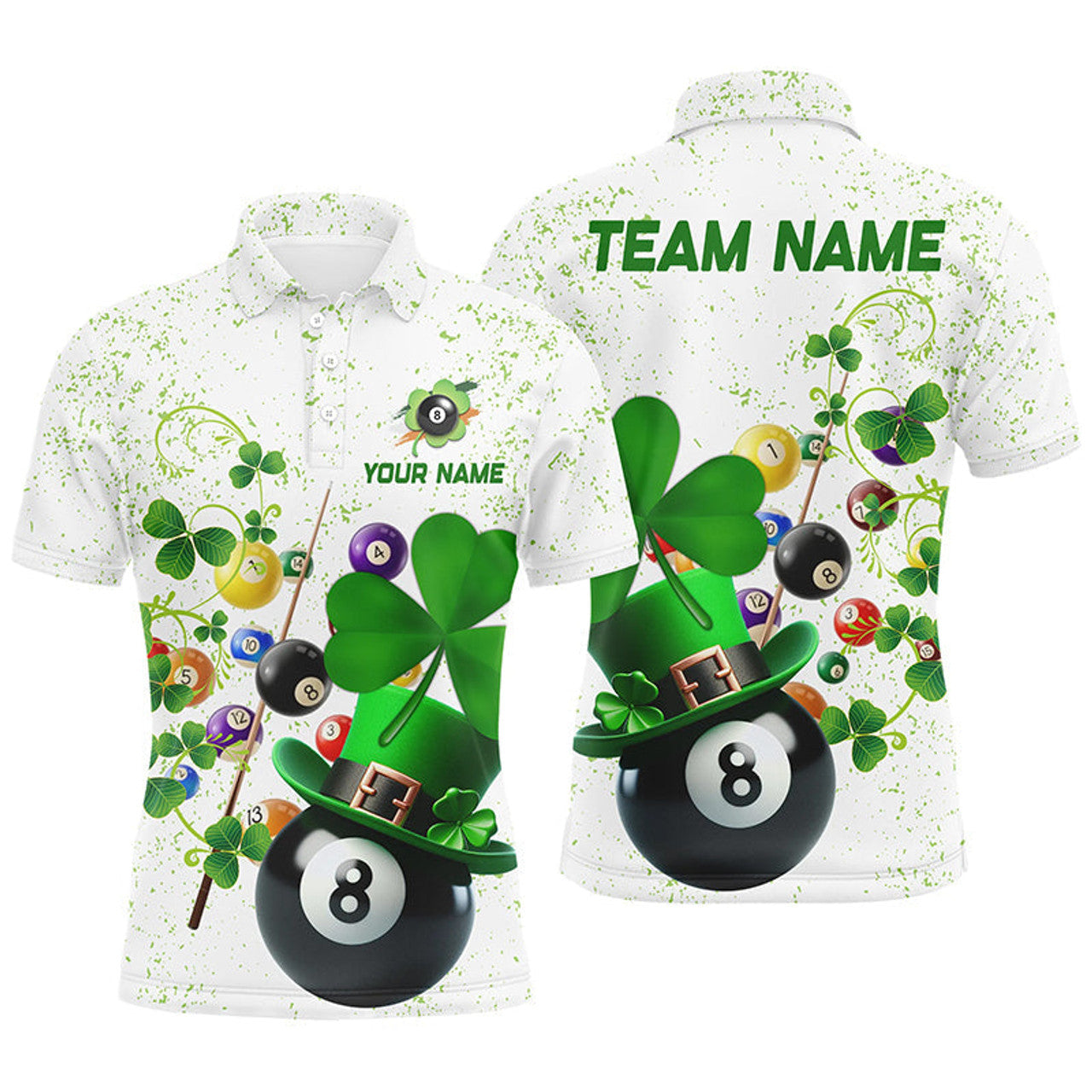 FUNSTUFFPRINT Billiard Balls Luckiest Shamrock Men Billiard Polo Shirts Custom St Patrick Day Billiard Polo Shirt Size S-5XL