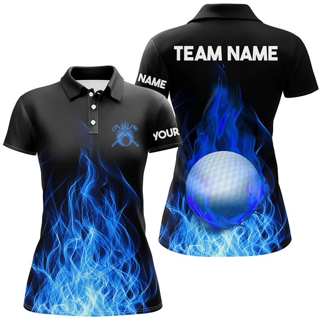 Custom Womens Golf Polo Shirts Custom Golf Ball Fire Flame Golf Outfit For Ladies, Best Golf Gifts |Blue