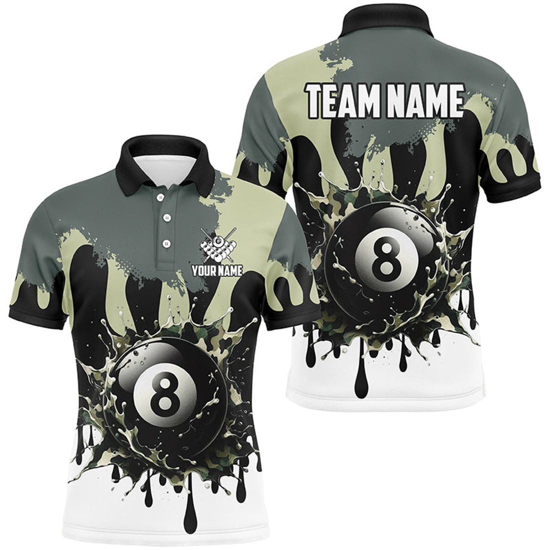 Personalized 8 Ball Pool Green Camo Ink Billiard Shirts For Men, Gifts For Team Billiard Lovers